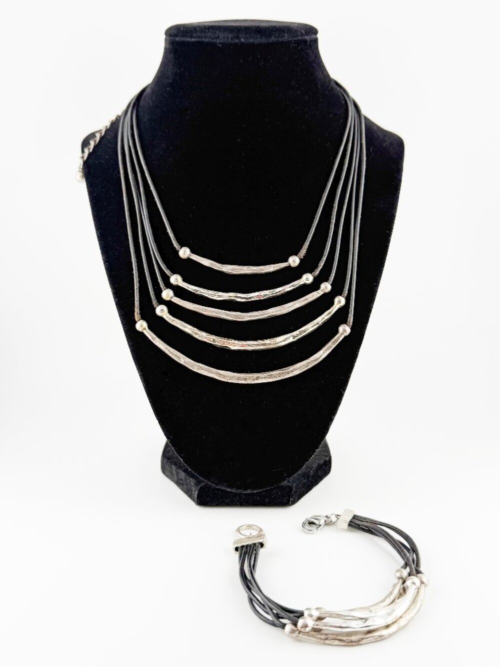 Chico's Hammered Silver Multi-Strand Cord Necklace & Bracelet Set Boho